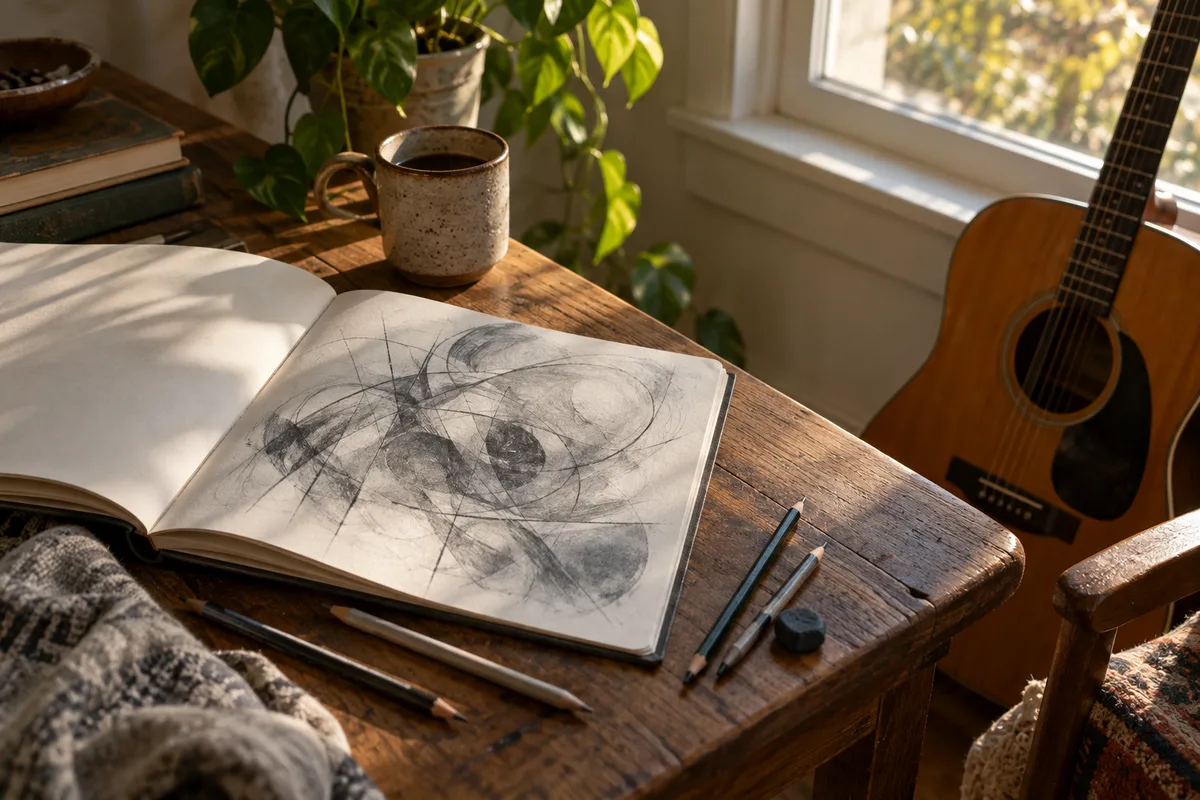 Carnet de croquis et guitare posés sur une table en bois près d&rsquo;une fenêtre