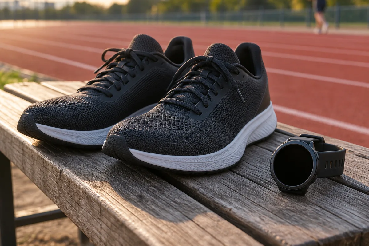 Chaussures de course et montre de sport posées sur un banc au bord d&rsquo;une piste
