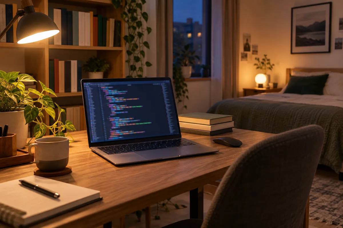 Ordinateur portable ouvert sur un projet personnel dans une chambre transformée en bureau