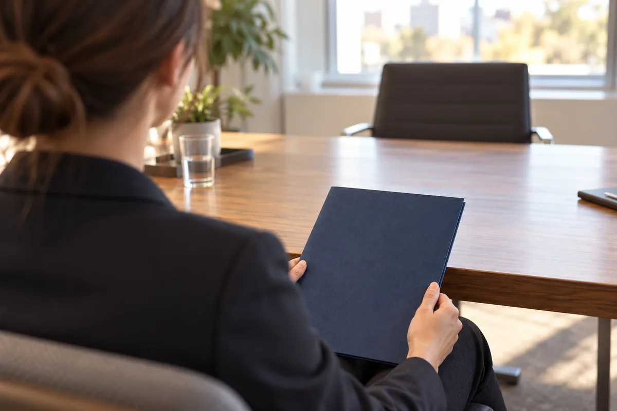 Mains tenant un dossier cartonné uni pendant un entretien, candidate vue de dos