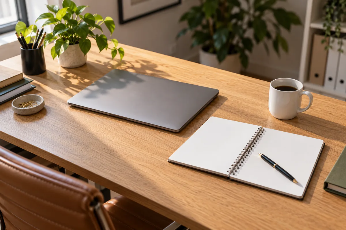 Bureau de recruteur avec ordinateur portable fermé, carnet ouvert et stylo