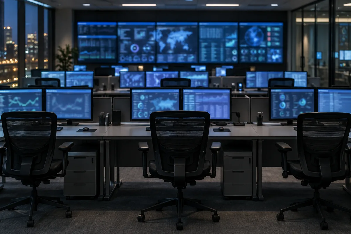 Salle de supervision informatique aux postes alignés éclairés par des écrans