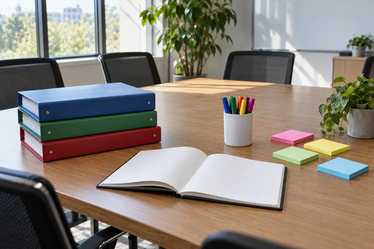 Table de travail préparée pour un atelier d’analyse de risques avec classeurs et carnet