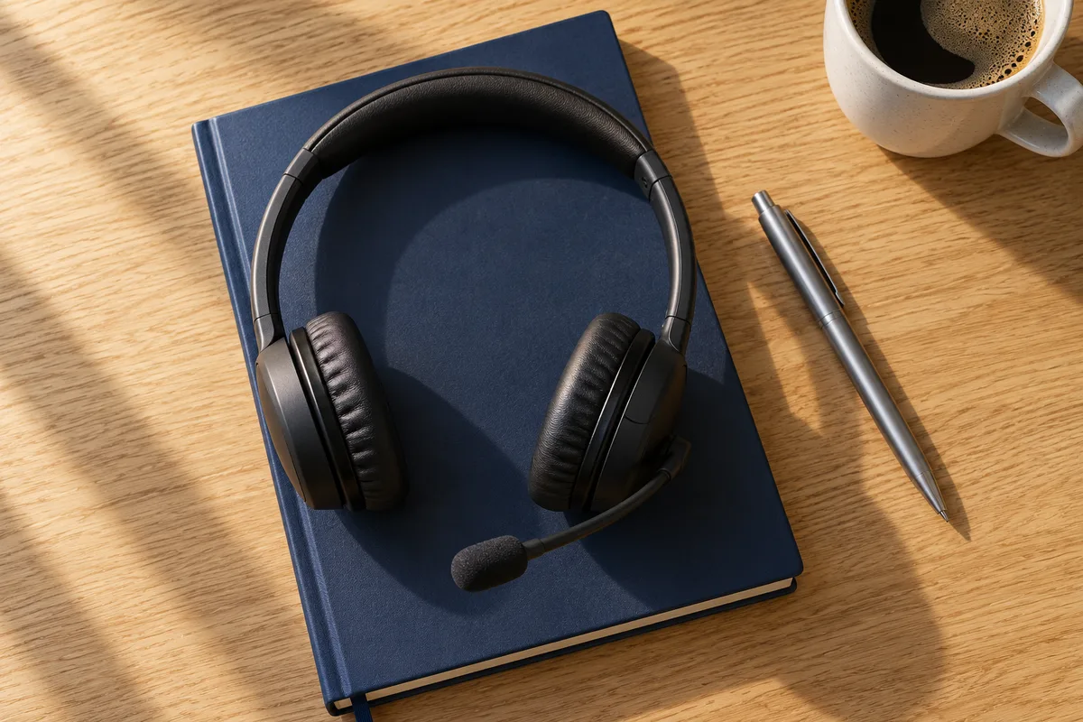 Casque téléphonique posé sur un carnet fermé à couverture unie bleu nuit