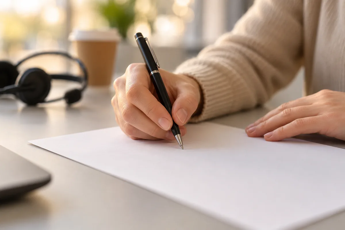 Mains de conseillère tenant un stylo au-dessus d&rsquo;une feuille blanche vue de biais