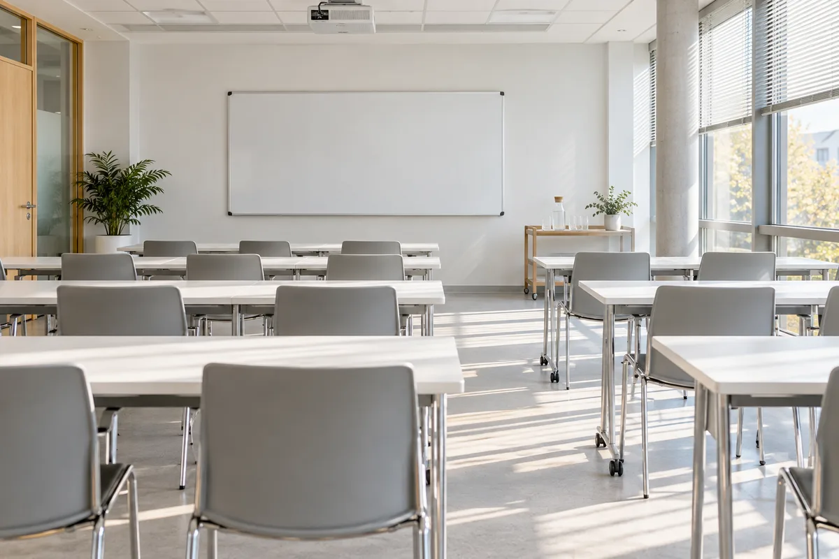 Salle de formation vide avec chaises alignées et tableau blanc vierge