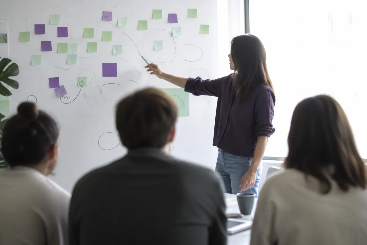 Une professionnelle anime un atelier de cadrage produit devant un mur de notes