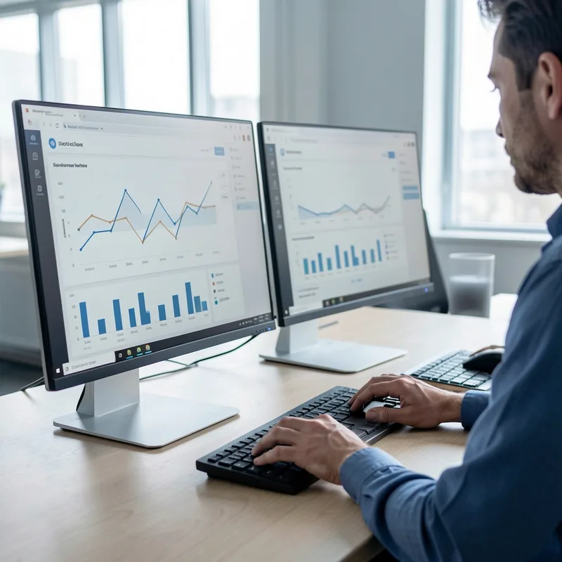 Une analyste de données examine un tableau de bord chiffré sur deux écrans