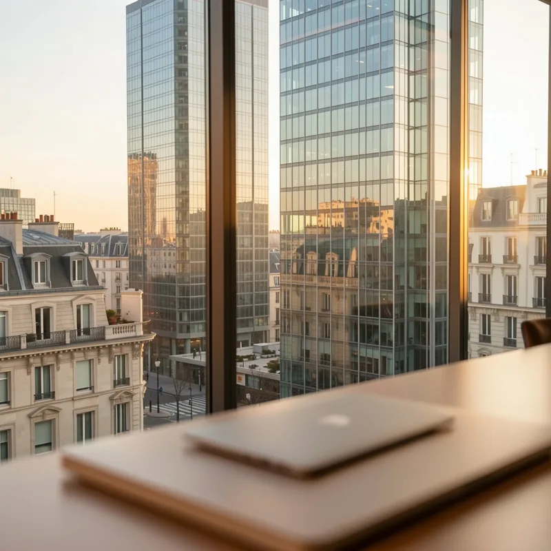 Vue d&rsquo;un quartier d&rsquo;affaires parisien depuis un bureau vitré en fin de journée