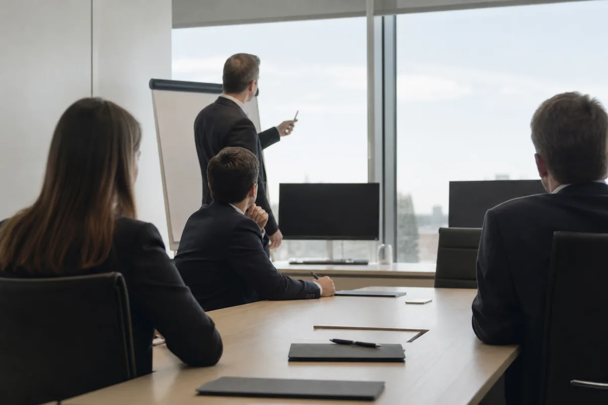 Consultant présentant un diagnostic à des responsables d&rsquo;entreprise