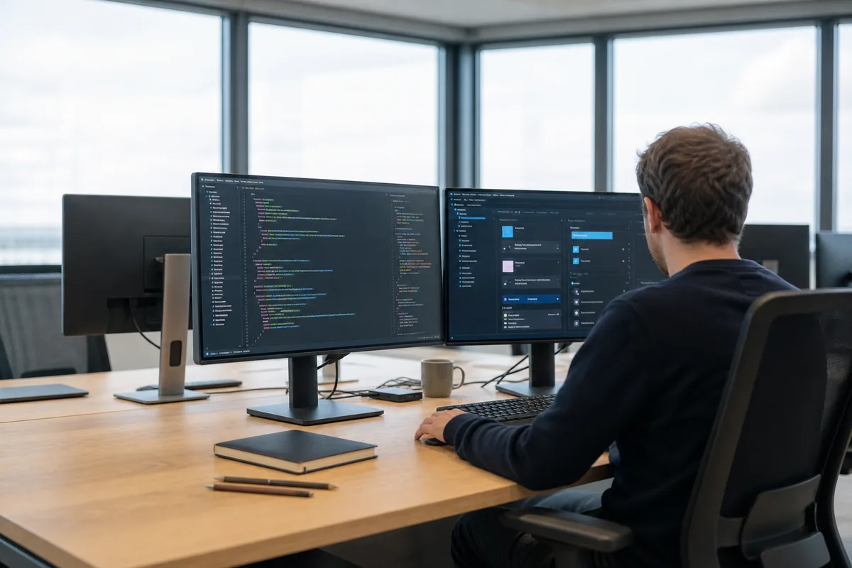 Un développeur travaille sur une interface React affichée sur deux écrans