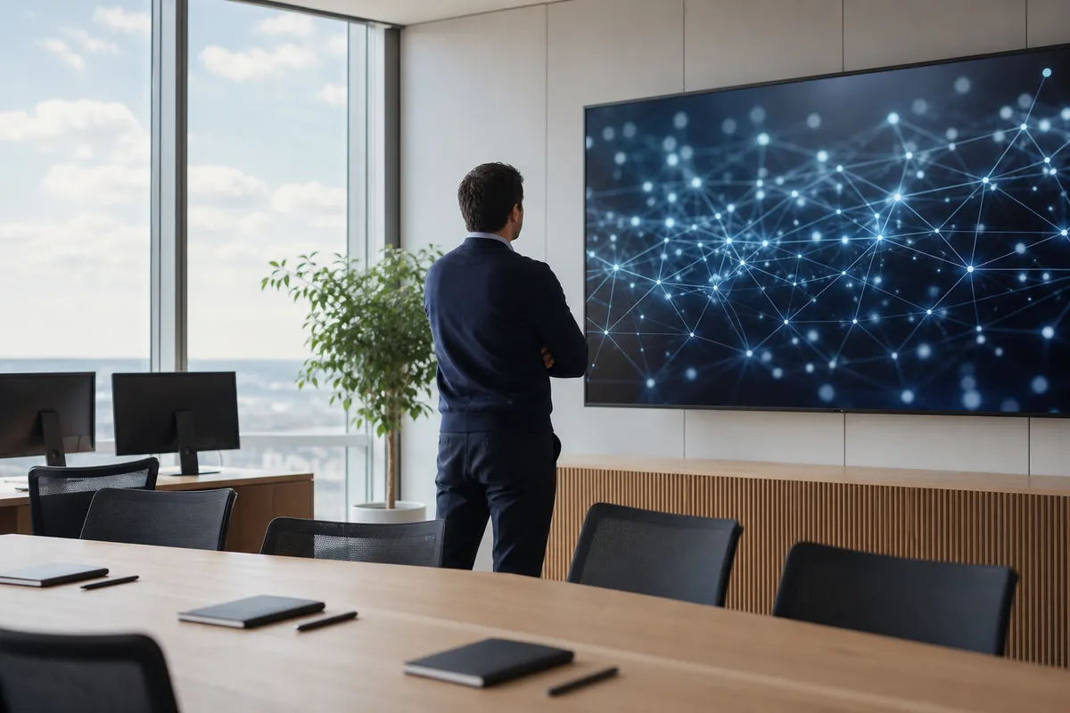 Analyste examinant un réseau de connexions sur un grand écran de supervision