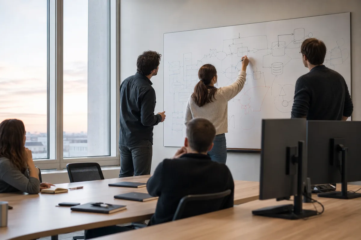 Une équipe technique travaille ensemble sur un tableau blanc couvert de schémas