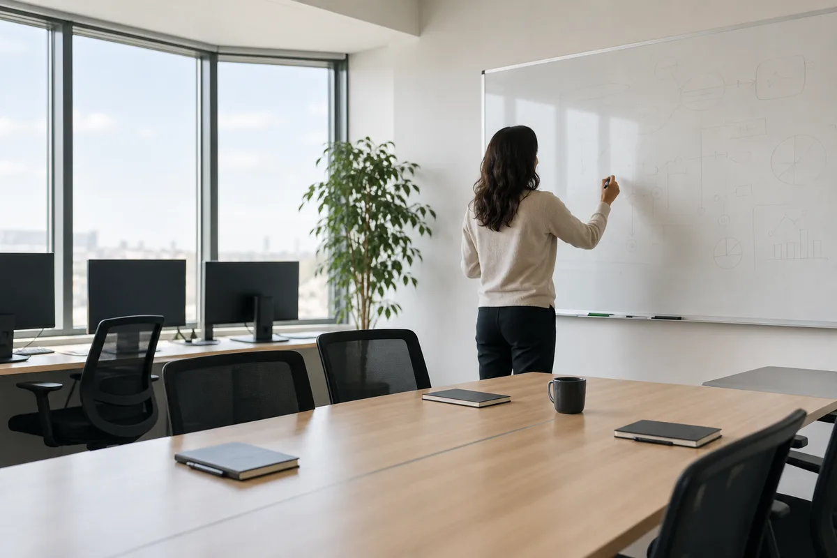 Une responsable données anime une réunion technique devant un tableau blanc