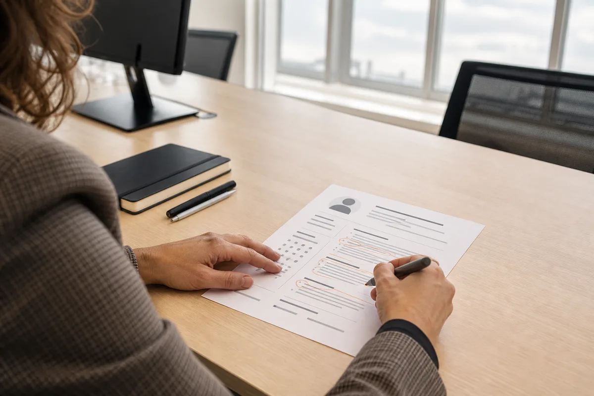 Un recruteur annote un CV digital imprimé posé sur un bureau clair